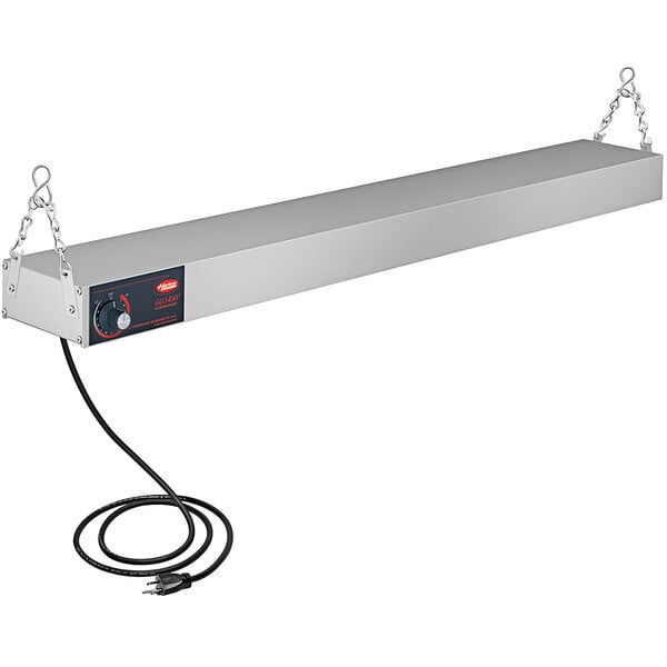 A long white rectangular Hatco food warmer with a cord attached to it.