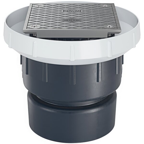 A Zurn PVC cleanout with a square nickel bronze cover over a circular drain.