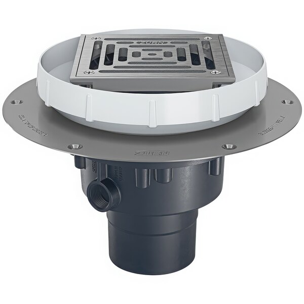 A Zurn floor drain with a stainless steel square strainer and deck plate.