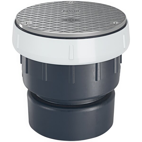 A black and white Zurn round PVC cleanout cover with a white circle.