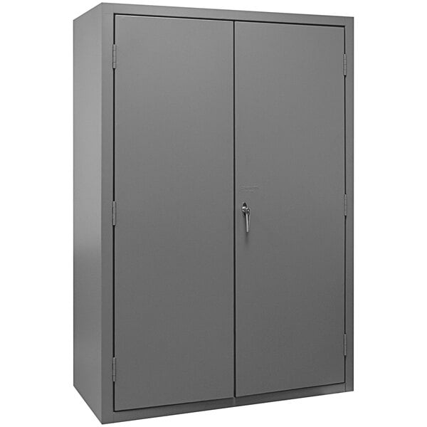 A grey metal Durham storage cabinet with flush doors.