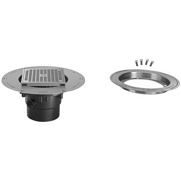 The Zurn Elkay PVC floor drain with nickel bronze head and deck plate, and clamp collar.