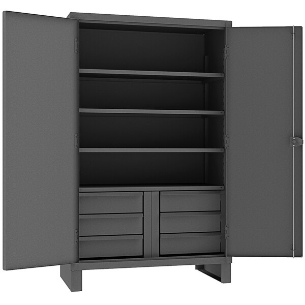 A grey metal Durham storage cabinet with shelves and drawers.