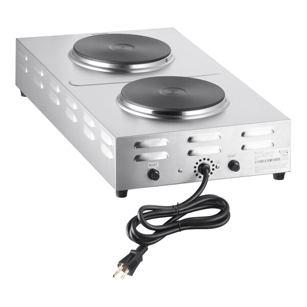 An Avantco stainless steel double burner portable electric hot plate on a counter.