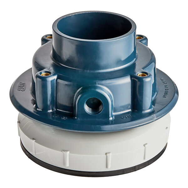 A Zurn EZ1 PVC floor drain with a blue and white plastic fitting.