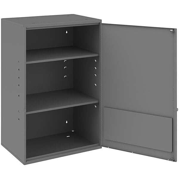 A Durham Manufacturing grey metal wall mounted storage cabinet with two shelves and an open door.