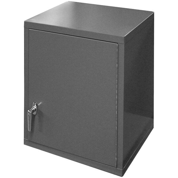 A grey steel wall mounted cabinet with two shelves.