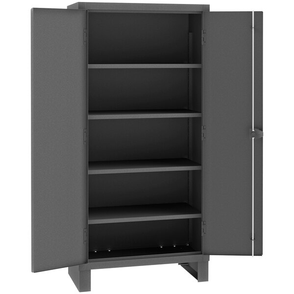 A black metal Durham Manufacturing storage cabinet with open doors and shelves.