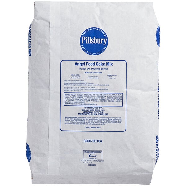 A white bag of Pillsbury Bakers' Plus Angel Food Cake Mix with blue text.