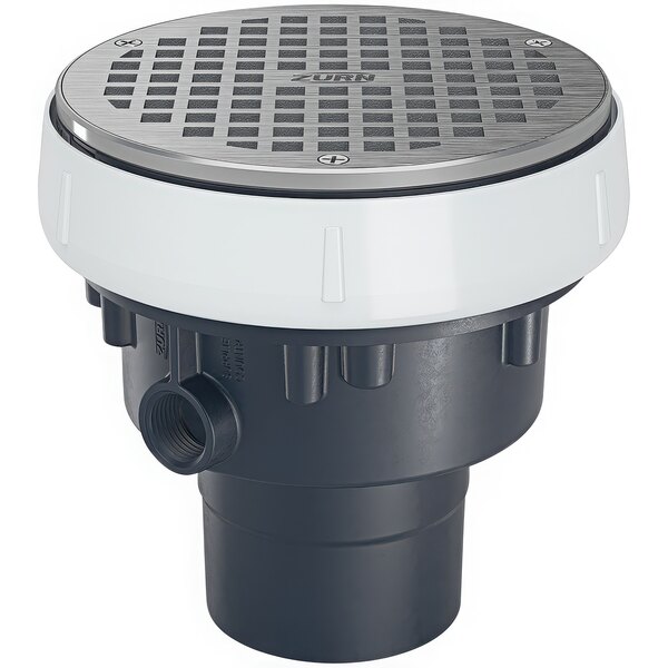 A round metal Zurn floor drain strainer with a silver round top and white circle in the middle.