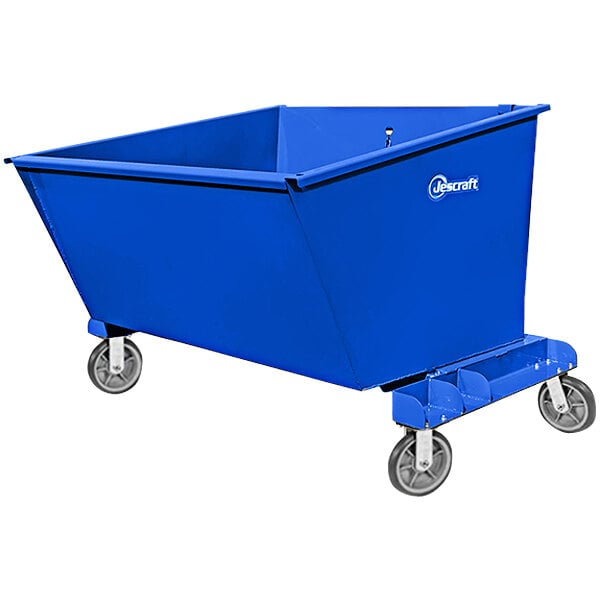 A blue self-dumping forklift hopper with wheels.