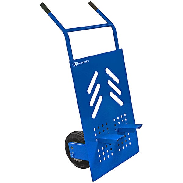A blue Jescraft brick cart with black wheels and handles.
