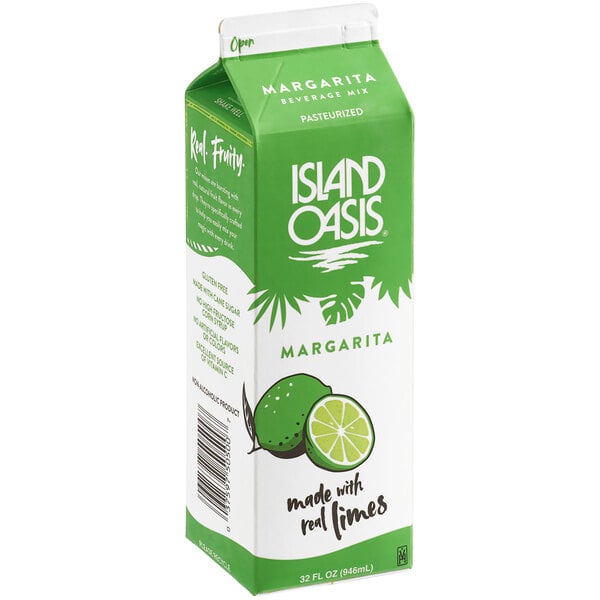 A white and green carton of Island Oasis Margarita mix with limes on it.