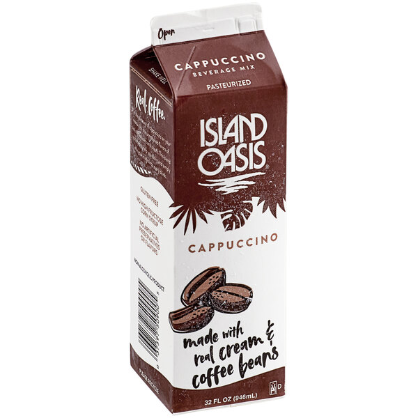 A carton of Island Oasis Cappuccino Frozen Beverage Mix with a white label.