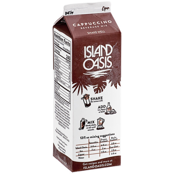 A carton of Island Oasis Cappuccino Frozen Beverage Mix with white and blue text on a white background.