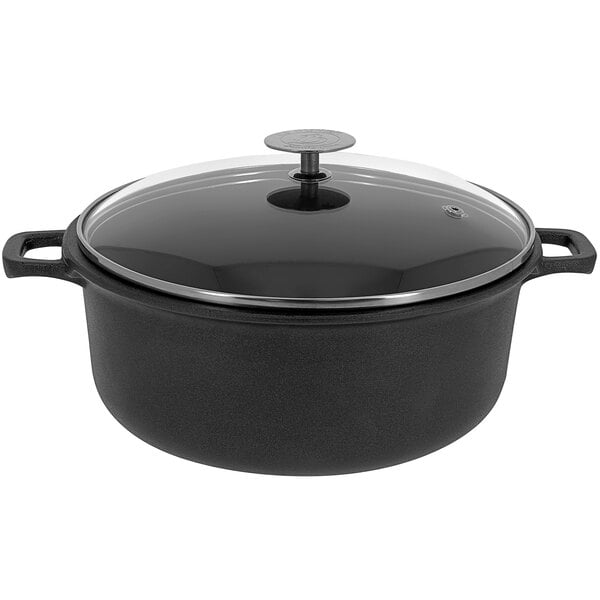 A black de Buyer sauce pot with a glass lid.