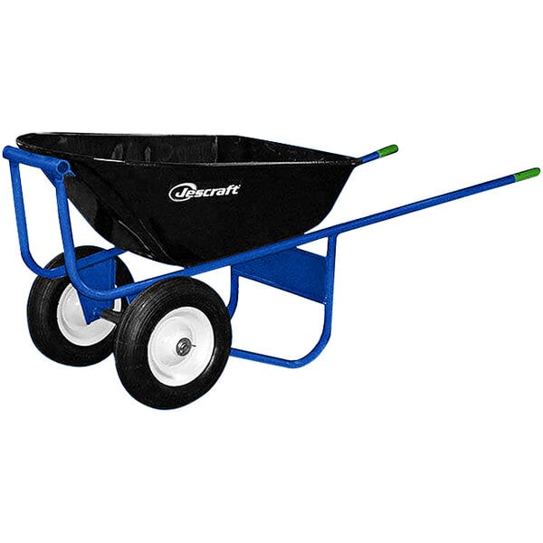 A blue wheelbarrow with black wheel and blue handles.