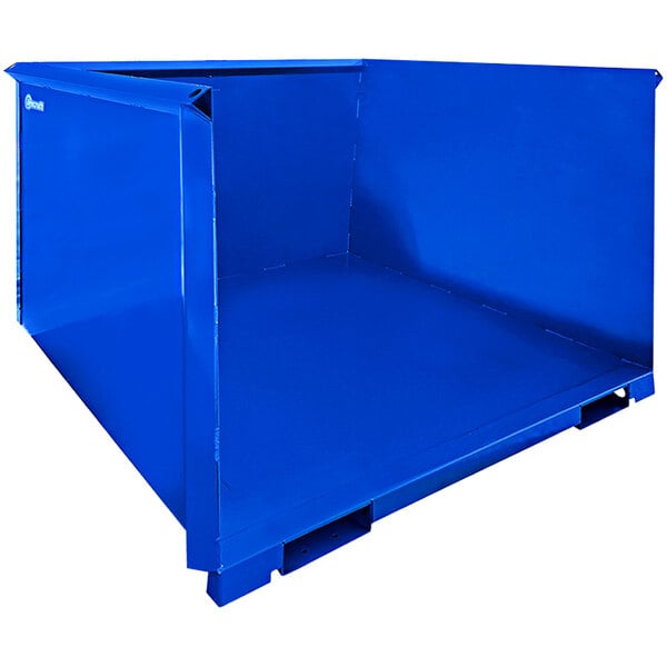 A blue metal Jescraft trash hopper with a lid.