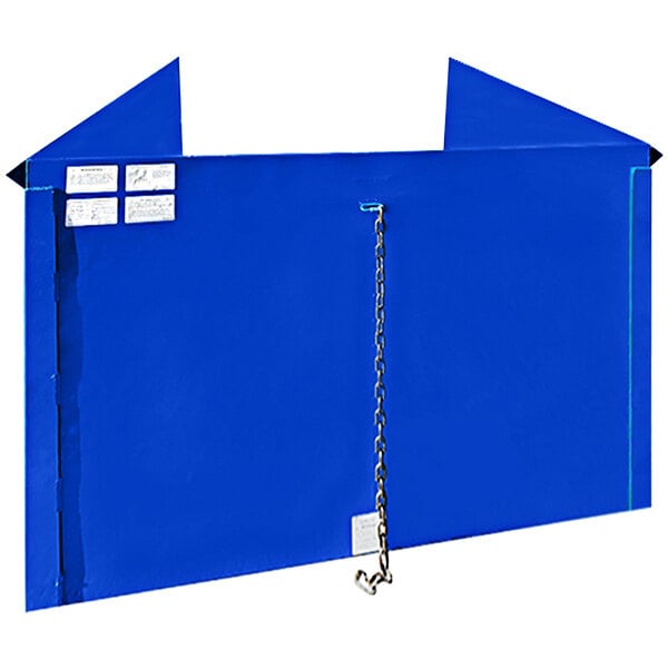 A blue rectangular Jescraft trash hopper with a chain.