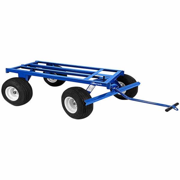 A blue steel Jescraft utility trailer with black wheels.