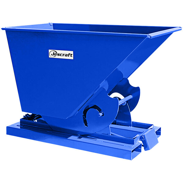 A blue metal Jescraft self-dumping hopper with bumper release.