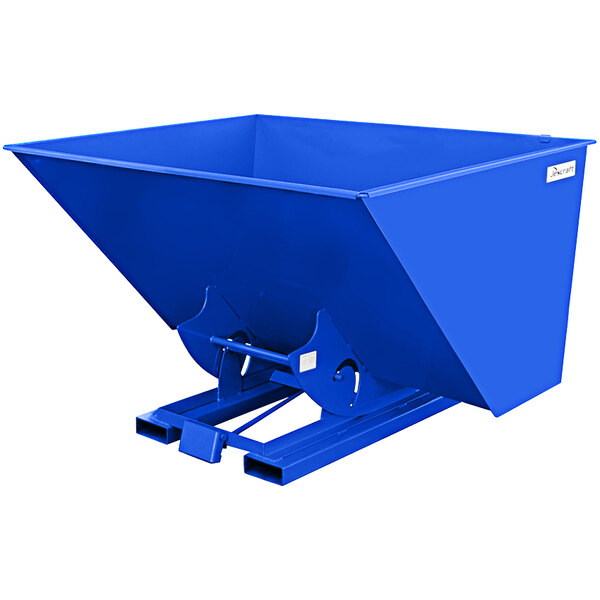 A blue steel self-dumping forklift hopper with bumper release.