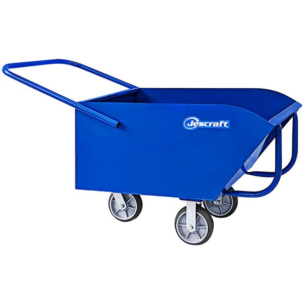 A blue Jescraft low profile chip cart with wheels.