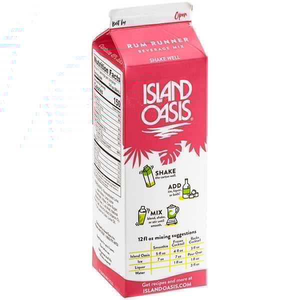 A carton of Island Oasis Rum Runner frozen beverage mix with a pink and white label.
