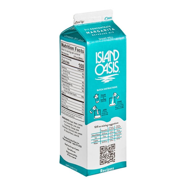 A carton of Island Oasis Margarita frozen beverage concentrate mix with a label.