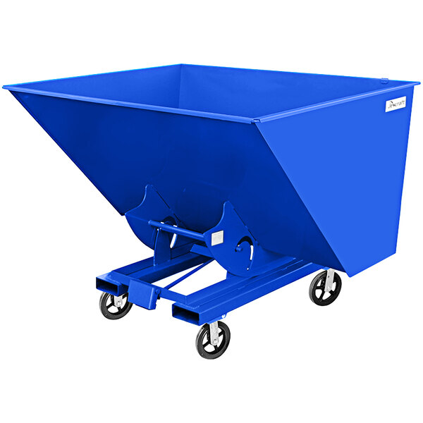 A blue steel self-dumping hopper with wheels.
