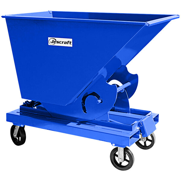 A blue Jescraft self-dumping forklift hopper with wheels.