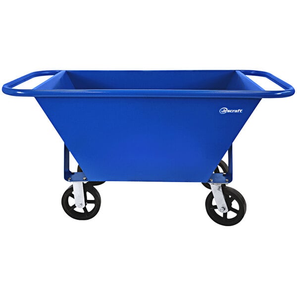 A blue Jescraft rolling mortar tub with black wheels.