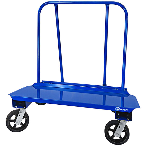 A blue Jescraft drywall cart with black wheels.