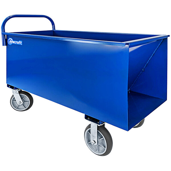 A blue metal Jescraft concrete cart with wheels.
