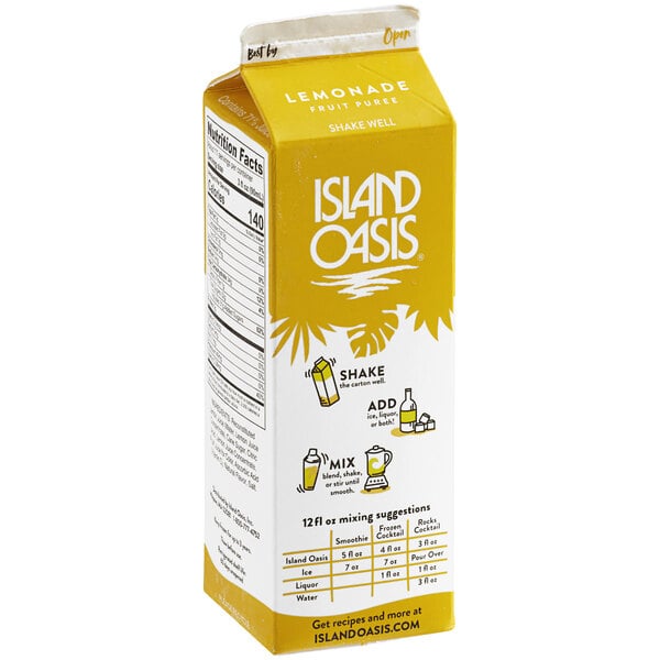 A carton of Island Oasis Lemonade Frozen Beverage Mix with text and images on a white background.