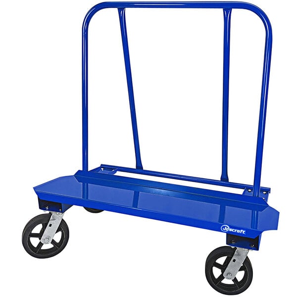 A blue Jescraft drywall cart with black wheels.