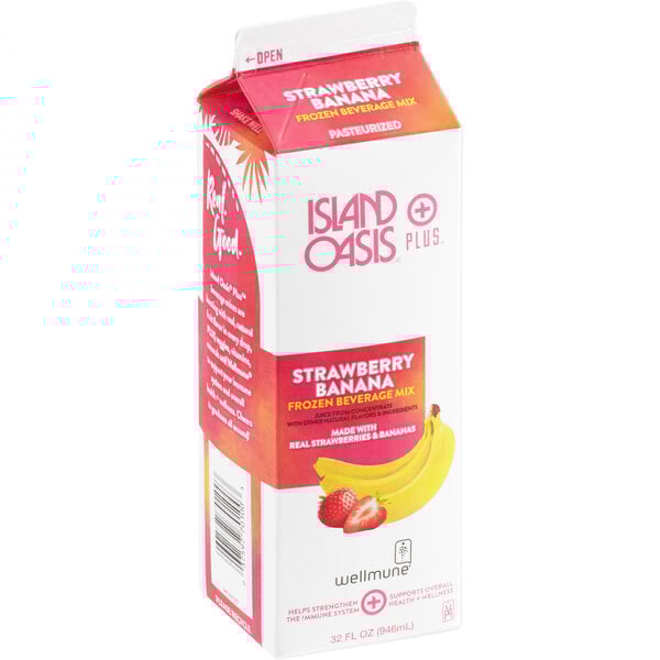 A white box of Island Oasis Strawberry Banana Frozen Beverage Mix with red and white text on the label.