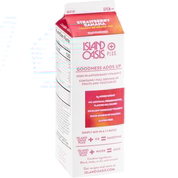A white carton of Island Oasis Strawberry Banana Frozen Beverage Mix with strawberry and coconut graphics.