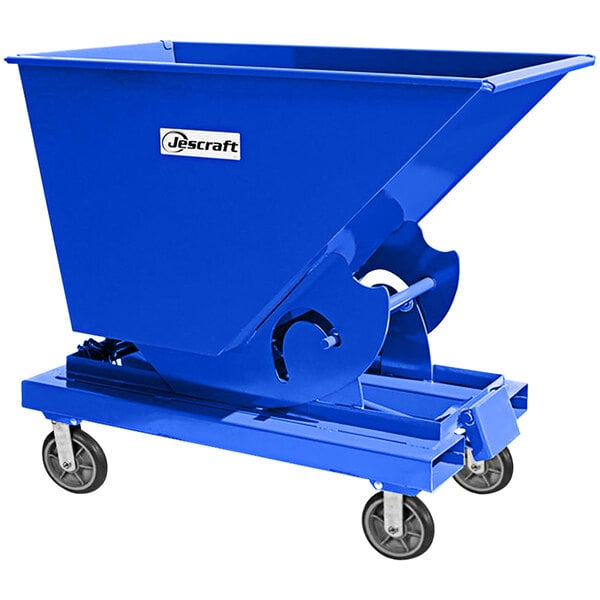 A blue self-dumping hopper with wheels.