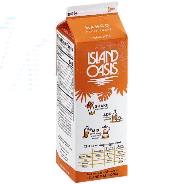 A carton of Island Oasis Mango Frozen Beverage Mix with orange and white text on a white background.