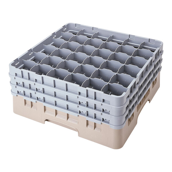 A beige Cambro plastic rack with 36 compartments.