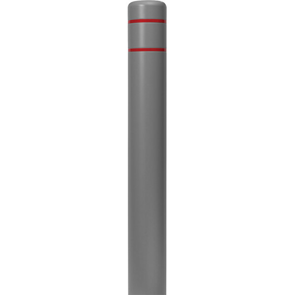 An Innoplast grey bollard cover with red reflective stripes on it.