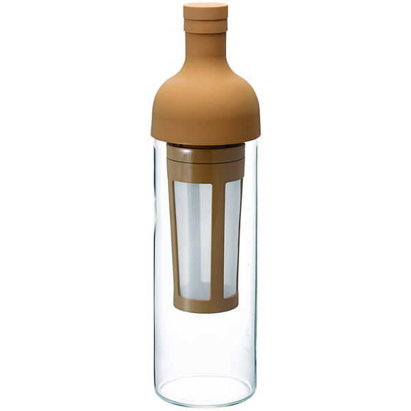 A Hario glass bottle with a brown cap.