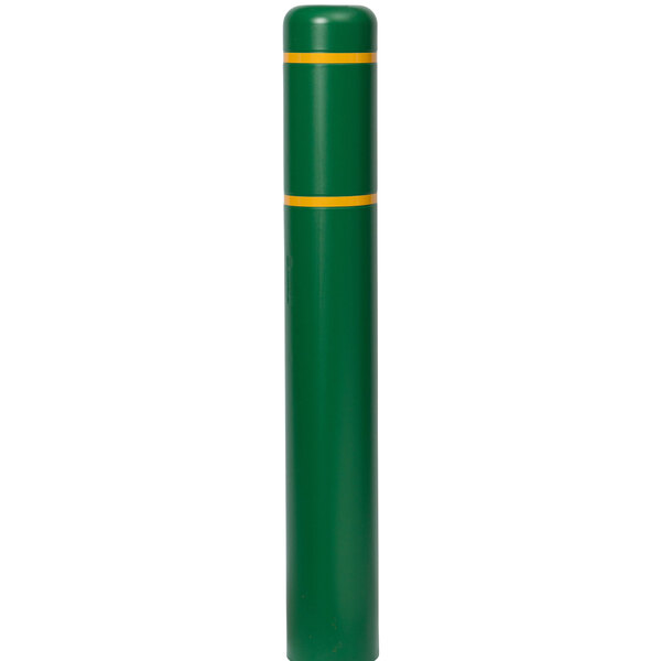 A green Innoplast BollardGard cover with yellow stripes.