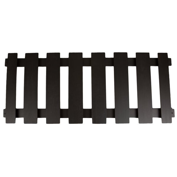 An American Metalcraft espresso bar glass rack with black metal slats.