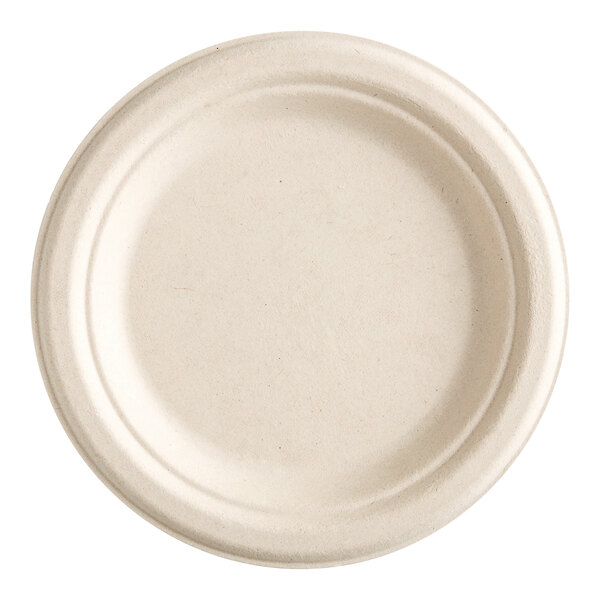 An EcoChoice Natural Bagasse blend paper plate with a circular edge.