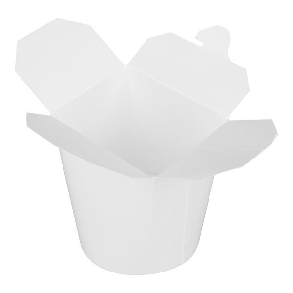 A white 16 oz. microwavable paper take-out container with open flaps.