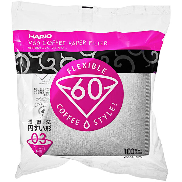 A plastic bag of white Hario V60 coffee filters.