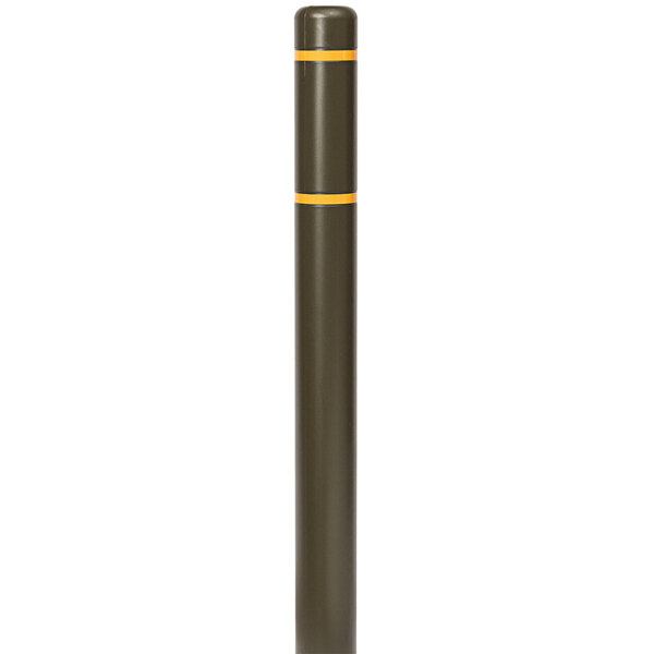 An Innoplast brown bollard cover with a yellow reflective stripe over a metal pole.