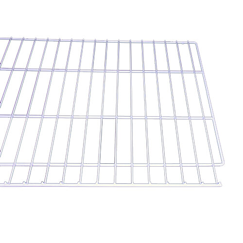 A metal wire shelf with a white background.